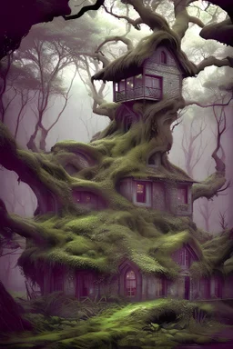 Cottage overgrown with ancient trees, high-fantasy, digital art"