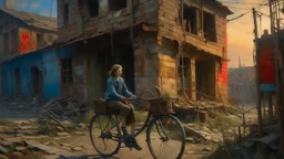 A vintage oil painting of a woman on a bicycle in front of a decaying building, captured in the post-apocalypse city, featuring elements of soviet city architecture, with a touch of socialist realism.