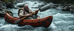 ancient bald fat ogre troll machete sitting relaxed in huge massive kayak in rapid stream, smacking fish with big metal oar with spikes