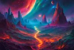 a vivid dreamlike landscape, in its middle is an entrance to a place in the Orion nebula, in the style of Beksinski, extremely detailed, hyperrealistic, maximalist, triadic colors, complementary colors, colorful, volumetric lighting, dark, 8K, award winning, crisp quality