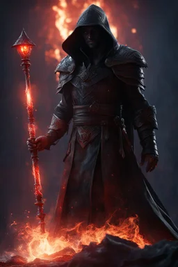 the blood dripping sorcerer known as The Shadow of Death using the staff of undeath. black bloody fire. fantasy art, Cinematic lighting, Volumetric lighting, Epic composition, Photorealism, Bokeh blur, Very high detail, Sony Alpha α7, ISO1900, Character design, Unreal Engine, Octane render, HDR, Subsurface scattering