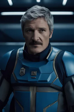 El actor pedro pascal sin barba y canoso usando un uniforme sci-fi espacial de color azul