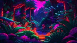 <lora:Darkest Fantasy:1.0> is a Lush&vibrant rainbow-colored Marijuana rainforest with emerald green color dreamscape paradise islands of deep space pandora with bold&thick and rich neon orange and purple COLORED flowers and VIBRANT CROMATIC NEON RED AND PINK COLORED EXOPLANET DREAMSCAPE PARADISE zen garden biome labyrinth arcade casino treehouse mansions and tiki weed shop OASIS