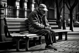 man sitting on a bench in the street, real photography