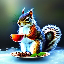 squirrel drinking tea amidst twisted magical foliage growing from icy waters