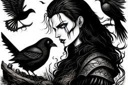 Witcher and witch, playing with crows, black cat, perfect iris, ink and pencil, style Elisabeth Kreitz