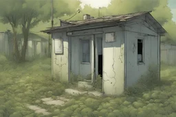 house, electrical box, overgrown, post-apocalyptic, comic book, city background