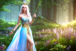 Fantasy cute elf with transparent wings, smiling, make up, long blond platinum hair, blue eyes, crown, beautiful dress, flowers and forest in background, HQ, unity engine