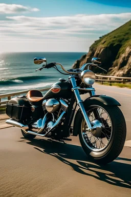 Harley Davidson with giant engine on a road next to the ocean