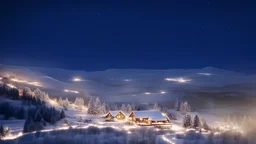 a cabin in the woods from inside with chrsitmas decorations, a fireplace with gifts and presents on each side, a look from inside to outside to a view of hills cover in snow fall at night in 8k resolution