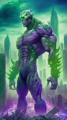 super villain alien, muscular, bio-tech, destroyed city in the background