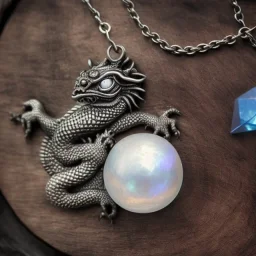 a gorgeous, stunning pewter necklace of a dragon clutching an illuminescent moonstone lying on a rustic wood table with crystal ball behind necklace, 8k resolution, high-quality, fine-detail, photorealistic, intricate, digital art, detailed matte, volumetric lighting, illustration, 3D octane render, brian froud, howard lyon, selina french, anna dittmann, annie stokes, lisa parker, greg rutowski, George Grie, Ben Goossens, Igor Morski