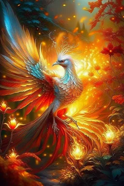 a firebird, fiery feathers that shine with silver and gold, burn with fire, a long sparkling tail burns with fire, wings like tongues of flame, eyes glow like crystals, an unusual fiery light reflects its belonging to another non-human world, in a faraway kingdom in a beautiful garden, rejuvenating apples grow in the garden, realism, light, highlights magic