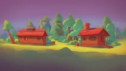 Cartoon style: far far away, down the hill between trees, one tiny wooden house with red roof