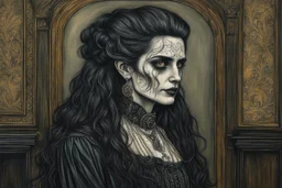 create a 3/4 profile, full body oil pastel of a dark haired, savage, ornately dressed, aged and emaciated gothpunk vampire crone with highly detailed , sharply defined hair and facial features , in a smokey 19th century drawing room in the style of JOHN WILLIAM WATERHOUSE