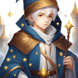 Fantasy World, A boy only wearing a closed wizards robe, and wearing a wizards hat. White Hair. Golden Eyes.