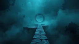 A surreal, dark and cold abstract artwork dominated by deep blue, icy cyan, charcoal black and muted steel-grey tones. An thin narrow passageway emerges from an abstract distorted weird landscape, surrounded by thick fog and drifting mist. The space feels dreamlike, alien and unsettling, with fragmented floating circle geometric forms, black onix architectural fragments and unnatural perspectives. At the center of the composition cracked stone and glass way over abyss