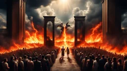 Hyper Realistic Photographic-Areal-View of Hell VS Heaven & people reaching towards the gates of them showing dramatic & cinematic ambiance.