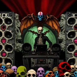 DJ of the damnded, insanely detailed DJ booth in hell, MID set, speakers and equipment made of bone, anatomically correct,