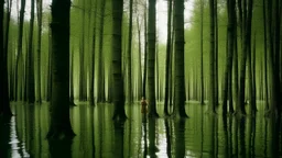 Photograph showing a flooded forest or the shore of a lake, with a woman in the center as the focal point among the verticals of the trees.