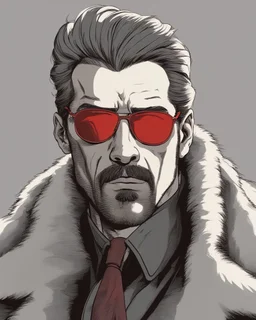 a young man with big muscles who looks like hans gruber wearing a heavy coat and red sunglasses staring with an irritated look on his face