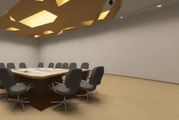 square meeting room and a table in the middle for 12 people and the walls are brown and the table