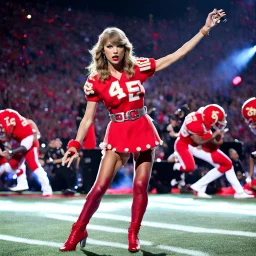 Taylor Swift performing in the Superbowl Halftime Show. She is wearing the colors of the Kansas City Chiefs.