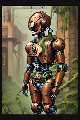 COPILOT PROMPT A majestic, eight-foot-tall automaton, constructed from polished copper and oiled wood, stands in a desolate, overgrown garden. Vines and moss cling to its metallic limbs, and a single, glowing glass eye seems to observe the world with quiet contemplation. A small puff of steam escapes from a valve on its chest, giving the only sign of life. The background is the rusted, decaying façade of a grand Victorian manor, half-swallowed by the wilderness. The scene should be lit with a s