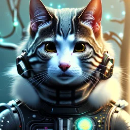 Cyberpunk Portrait of cyborg cat child with brown hair and with cute face, north pole snowy vibe , perfect composition, hyperrealistic, super detailed, 8k, high quality, trending art, trending on artstation, sharp focus, studio photo, intricate details, highly detailed, by greg rutkowski