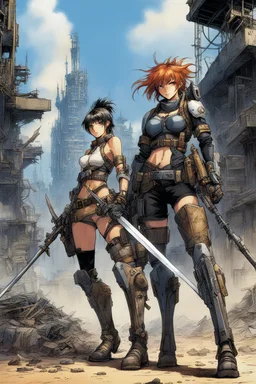 haiku by masamune shirow: post-apocalyptic desolated city. Three bioroids: death with a blade, dust with a rifle, and rust with a club.