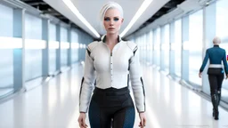 A captivating 3D render of Anita, a 25-year-old human android with unique features. She has short, white albino hair styled neatly and tied back, complementing her flawless white skin.Her striking blue eyes are surrounded by freckles, adding to her kind and approachable face. She stands in futurisctic white-blue-black cloth in a futuristic office , designed with sleek modern lines and cutting-edge technology. The photorealistic quality