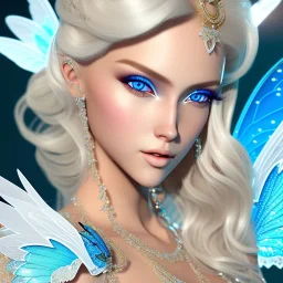 beautiful blonde fairy, blue eyes, in a magical ambiance, transparent wings, delicate colors, finely tuned detail, ultra high definition, 8 k, unreal engine 5, ultra sharp focus