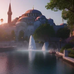 Sultanahmet, spring, sunset, fantasy art, waterfall, lake and blue sky, realistic, unreal engine 5, octane render, cinema4d