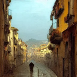 Porto antico, Genoa, uphill road, Ligurian architecture , by Jeremy mann, point perspective,intricate detailed, strong lines, John atkinson Grimshaw,