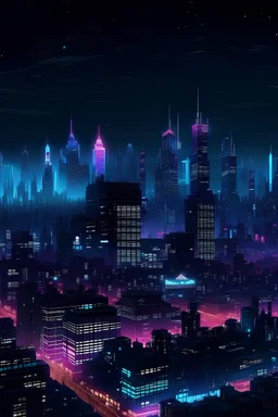 Generate an image depicting a bustling city skyline at night, with neon lights illuminating the streets below.