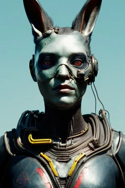 Medium Close Up Portrait, Front image. cyberpunk, rabbit mask, maori woman, white short hair. latex, titanium suit. Yellow, black, red, color. Mad max style. Color background, photo studio. Avatar image, highly detailed, concept art, smooth, unreal engine 5, god rays, ray tracing, RTX, lumen lighting, ultra detail, volumetric lighting, 3d, finely drawn, high definition, high resolution.