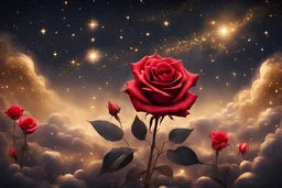 CIELO ESTRELLADO DORADO CON UNA ROSA ROJA