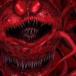 red, tentacles, a lot of eyes, teeth, monster, horror, blood, huge, scary, hyperrealism, gore, masterpiece, expert, volumetric lighting, deformed, sharp focus, 8K