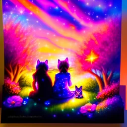 A magical moment in a painterly sunset garden. The two girls sit close together with the three kittens cuddled between them, looking up toward the glowing evening sky. Above them, soft light trails, sparkles, or a glowing star emerge — a touch of fantasy as if nature itself whispers to them. The warm colors wrap around them: coral, gold, rose, and soft blue. The composition feels like the closing page of a gentle fairy tale. Painted with rich oil textures, craquelure, and poetic atmosphere. --v
