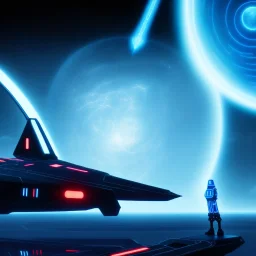 The Grim Reaper and the Star ship pilot in Tron world, discussing the future of the universe, art by Magritte and Pixar