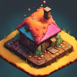 sweet cake into cartoonist hut style model isometric top view for mobile game bright colors, color ink illustration, lovely , surreal, gritty by Chris Friel and Zdzislaw Beksinski