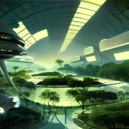 beautiful matte painting of green gardens on a futuristic sci-fi space station, cinematic angle, cinematic lighting, by Syd Mead, John Harris, Federico Pelat