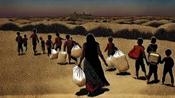 A Palestinian woman wearing a dress carrying very large bags of flour on her back, bending her back down in the destroyed Gaza City, and aid boxes descending from planes near the sea, with a large number of children looking up.