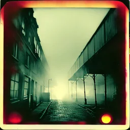 Dark street creepy fog colours strong texture artistic polaroid volumetric light nightmare Yves Tanguy