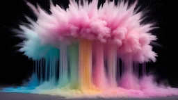 In this mesmerizing image, we are presented with the captivating sight of pastel-colored powder exploding in every direction, beautifully frozen in time through a super long exposure and slow shutter photography technique. The explosion takes place in front of a wall, where a picture has also burst into life with an explosion of multi-color pastel powders, resembling a jellyfish gracefully hovering above water. The image, possibly a photograph, showcases exquisite attention to detail