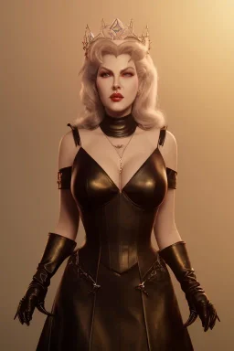 Lana Turner as evil queen in black leather, leather, busty, cleavage, angry, stern look. character design by cory loftis, fenghua zhong, ryohei hase, ismail inceoglu and ruan jia. unreal engine 5, artistic lighting, highly detailed, photorealistic, fantasy