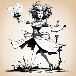 (PDF paper illustration by Ralph Steadman for Mini flat paper Figures to print and cut) a typical RPG characters “Marilyn houri spell-caster” the fantasy adventure archetype. She is attractive and knows how to manipulate mind and send spells This is part of a downloadable set of paper minis that you print out, cut out and glue together yourself.