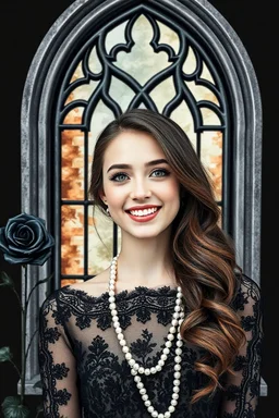 A beautiful woman smiling in front of a watercolor drawing gothic window, black lace, pearls, black roses, on a black background, Trending on Artstation ::{creative commons}:: I:: Color Grading:: Filmic, Nikon D750, Brenizer Method, Perspective, Depth of Field, F/2.8, Lens Flare, Tonal Colors, 8K, Full-HD, ProPhoto RGB, Perfectionism, Rim Lighting, Natural Lighting, Soft Lig, a pretty woman non front of it
