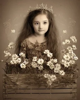 sepia portrait young girl wearing crown of flowers and sitting on an empty crate, potholes on road, ramshackle, crow, 8k resolution, high-quality, fine-detail, intricate, digital art, detailed matte, volumetric lighting, dynamic lighting, illustration, 3D octane render, brian froud, howard lyon, selina french, anna dittmann, annie stokes, lisa parker, greg rutowski,