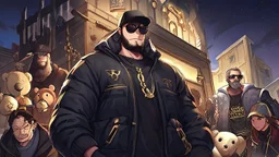 a single man, an Arab from the Middle East, he has a beard, who wears a gold chain, with a t-shirt marked ODK, wears a black baseball jacket with the mark ODK, which bears black sunglasses, with a black baseball cap with the initials ODK. at night, in the city center, at night.